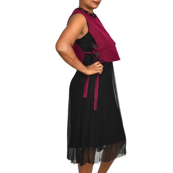 Midi Dress Red Two Tone Overlay Vest Black Mixed Texture Sheer Colorblock Small - Picture 5 of 15